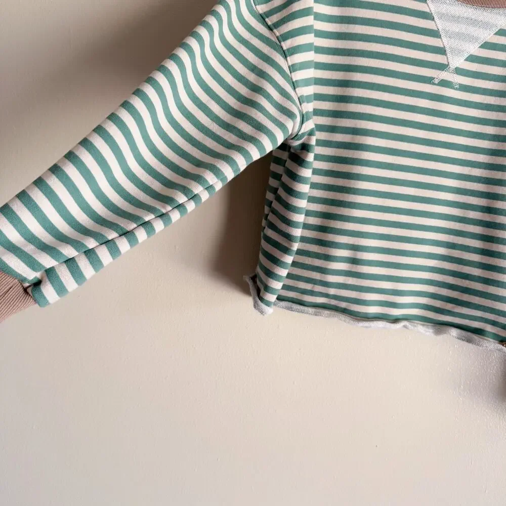 BKE Green + Cream Striped Crop Crewneck Sweatshirt - Large